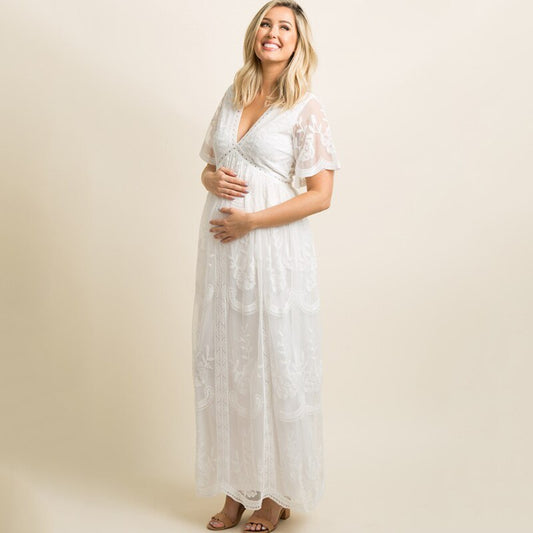 Oluuu. Schwangerschaftskleid für den Sommer, V-Ausschnitt, weiße Spitze, Kurzarm, Maxikleid für schwangere Frauen