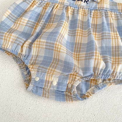 Oluuu. Baby Kurzarm Zwei-Teiler Romper – Dünnes Bärenkaromuster, Kletterbekleidung