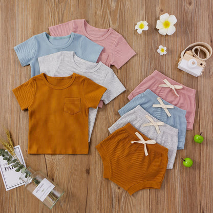 Oluuu. Kinderbekleidung Baby Bodysuit, Lässiges Kurzarm-Oberteil mit verstellbarem Design und Shorts-Set