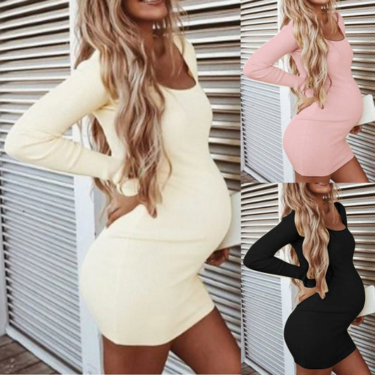 Oluuu. Maternity Dress – O-Ausschnitt, Lange Ärmel, Hoch elastisch