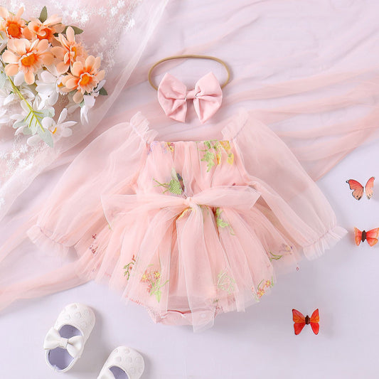 Oluuu. Baby Mädchen Jumpsuit – Langarm mit Netzblumenstickerei und Rock