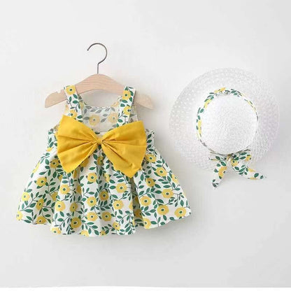 Oluuu. Sommerliches Kleid für Babys: Mädchen Kleid mit Druck und Schleifen-Trägern