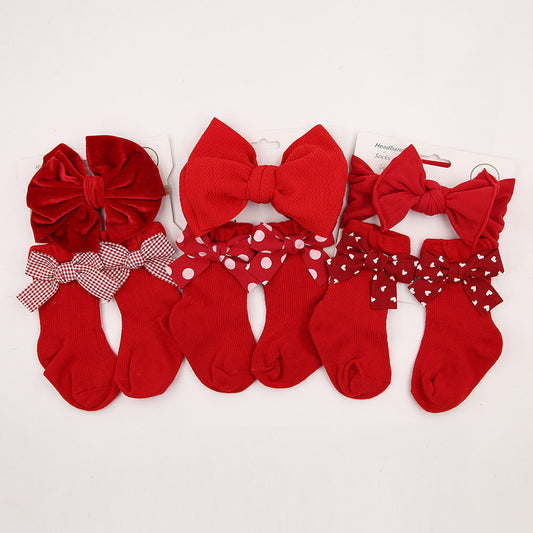 Oluuu. Baby Haarband und Socken Set – Weihnachts-Socken mit großem Schleifen-Design für Kinder