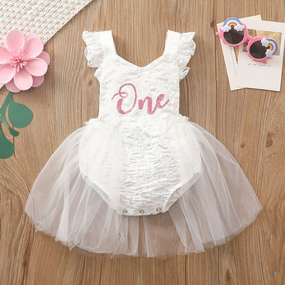Oluuu. Baby Romper mit Rüschensaum, Spitzen- und Mesh-Verarbeitung, florales Printdesign