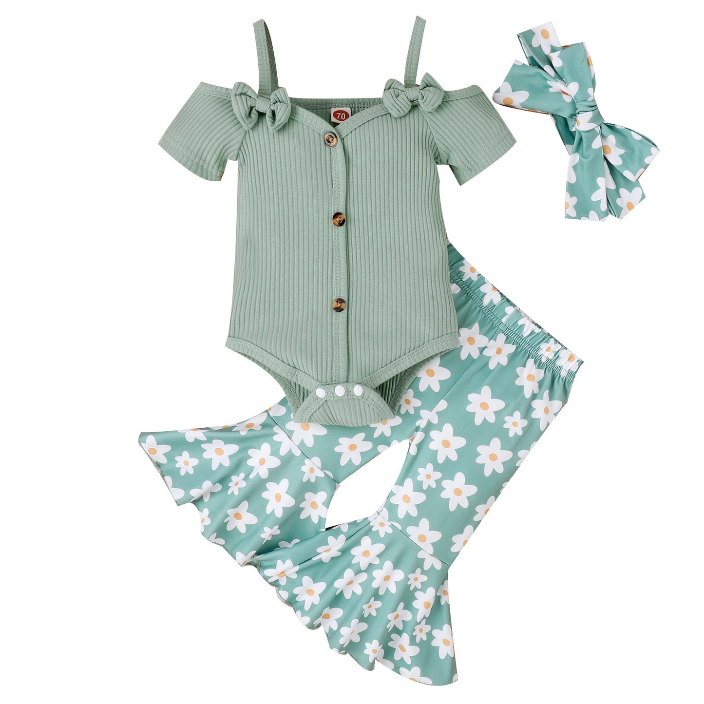 Oluuu. Baby Mädchen Sommer Outfit mit Schleifen-Trägern, V-Ausschnitt, Kurzarm-Einteiler und bedruckten Glocken-Jeans
