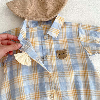 Oluuu. Baby Kurzarm Zwei-Teiler Romper – Dünnes Bärenkaromuster, Kletterbekleidung