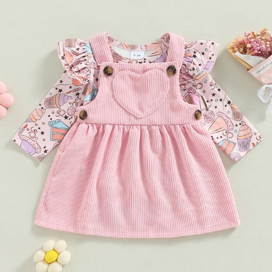 Oluuu. Baby Hosenträgerrock Outfit – Mädchen Print Top, Siamese Dreieck-Romper, Zwei-Teiler Cordrock