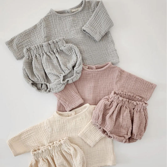Oluuu. Neutrales Neugeborenes Baby Langarm Cardigan Shirt mit Shorts aus dünnem Baumwollgarn für Jungen und Mädchen