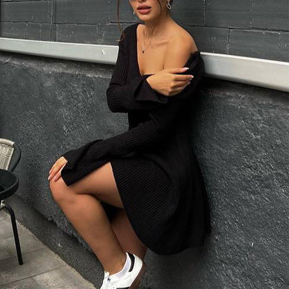 Oluuu V-Ausschnitt Strickkleid mit Rüschen & A-Linie