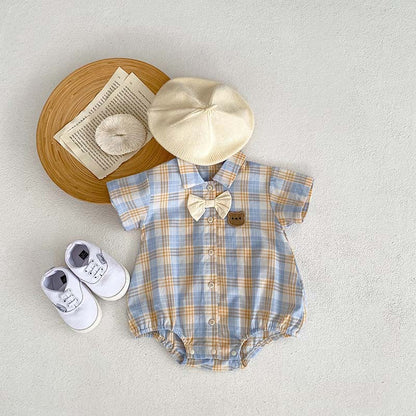 Oluuu. Baby Kurzarm Zwei-Teiler Romper – Dünnes Bärenkaromuster, Kletterbekleidung