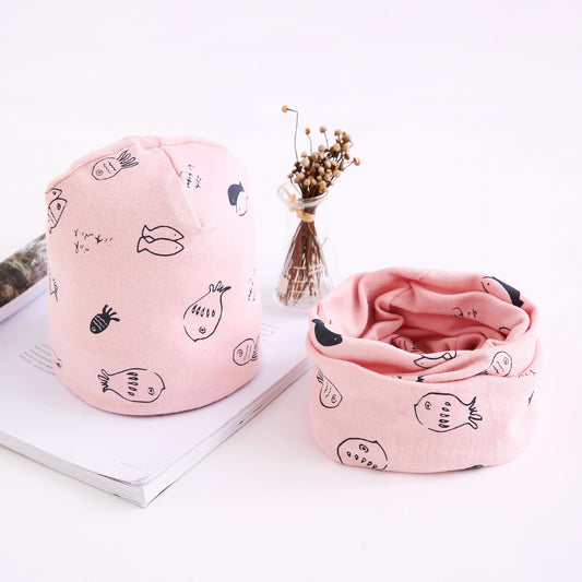 Oluuu. Neuheit Herbst- und Winterset – Baby Baumwoll-Bandana mit Mütze im Zwei-Teiler-Set, Kinder-Accessoires im Großhandel, Kleine Fische